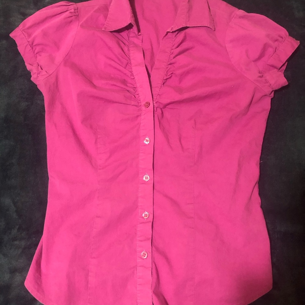 The Limited Deep Purple Ruched Short Puff Sleeve Cotton Stretch Blouse